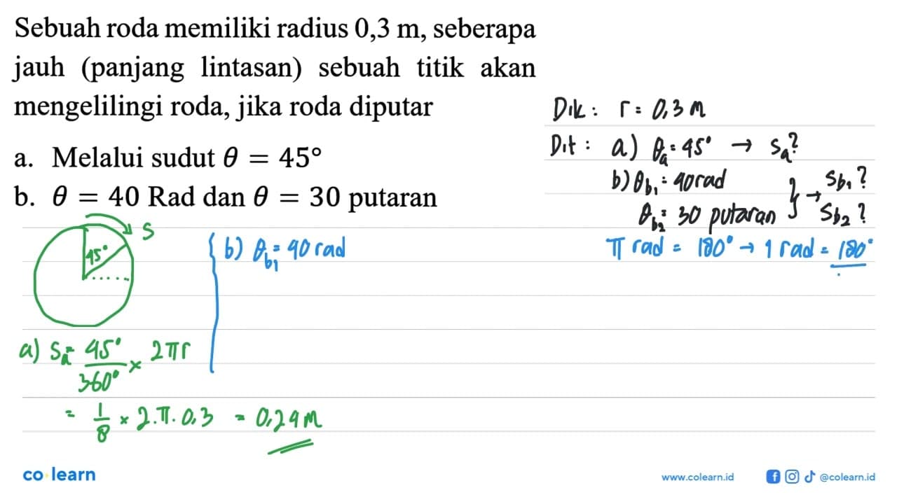 Sebuah roda memiliki radius 0,3 m, seberapa jauh (panjang