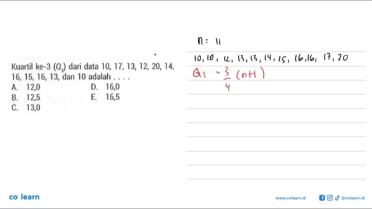 Kuartil ke-3 (Q3) dari data 10, 17, 13, 12, 20, 14, 16, 15,