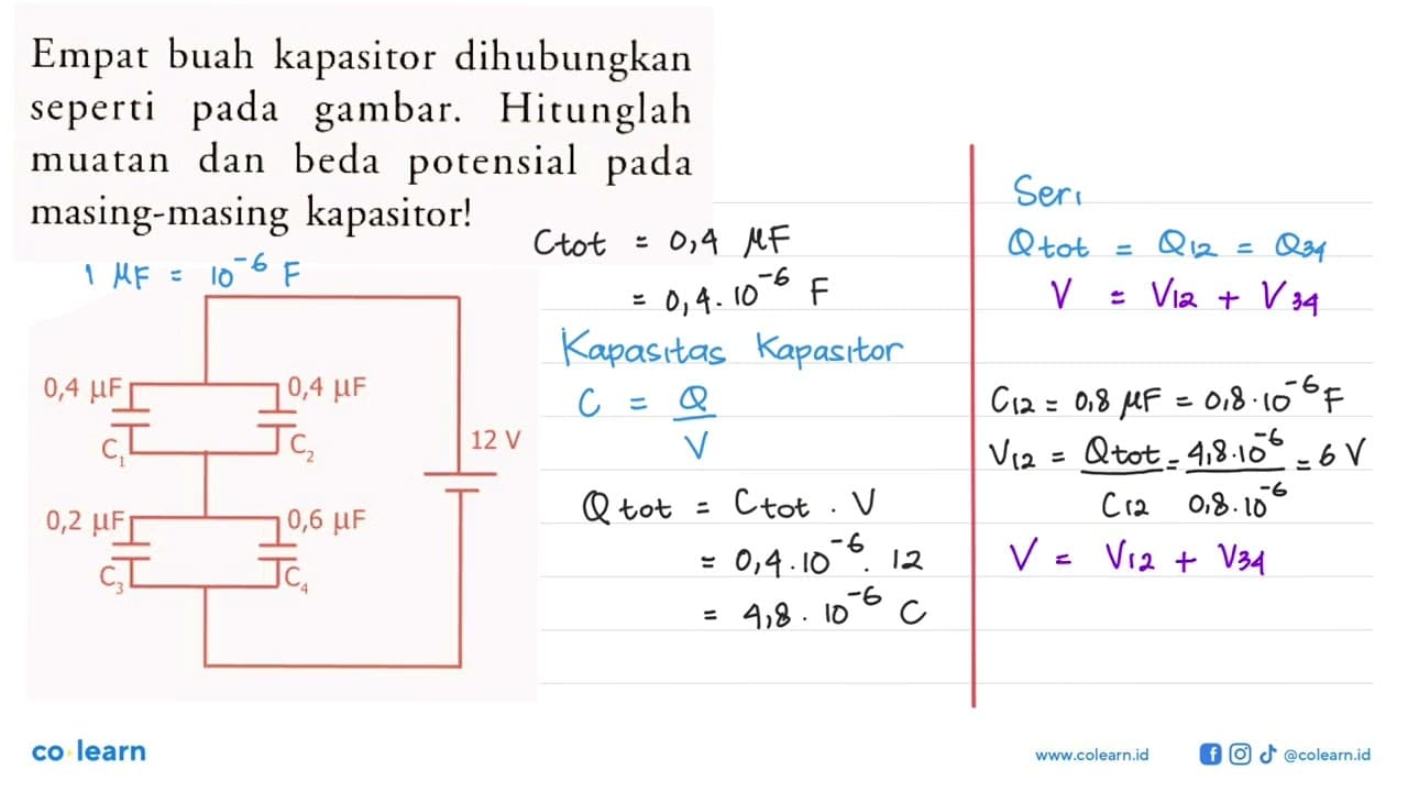 Empat buah kapasitor dihubungkan seperti pada gambar.