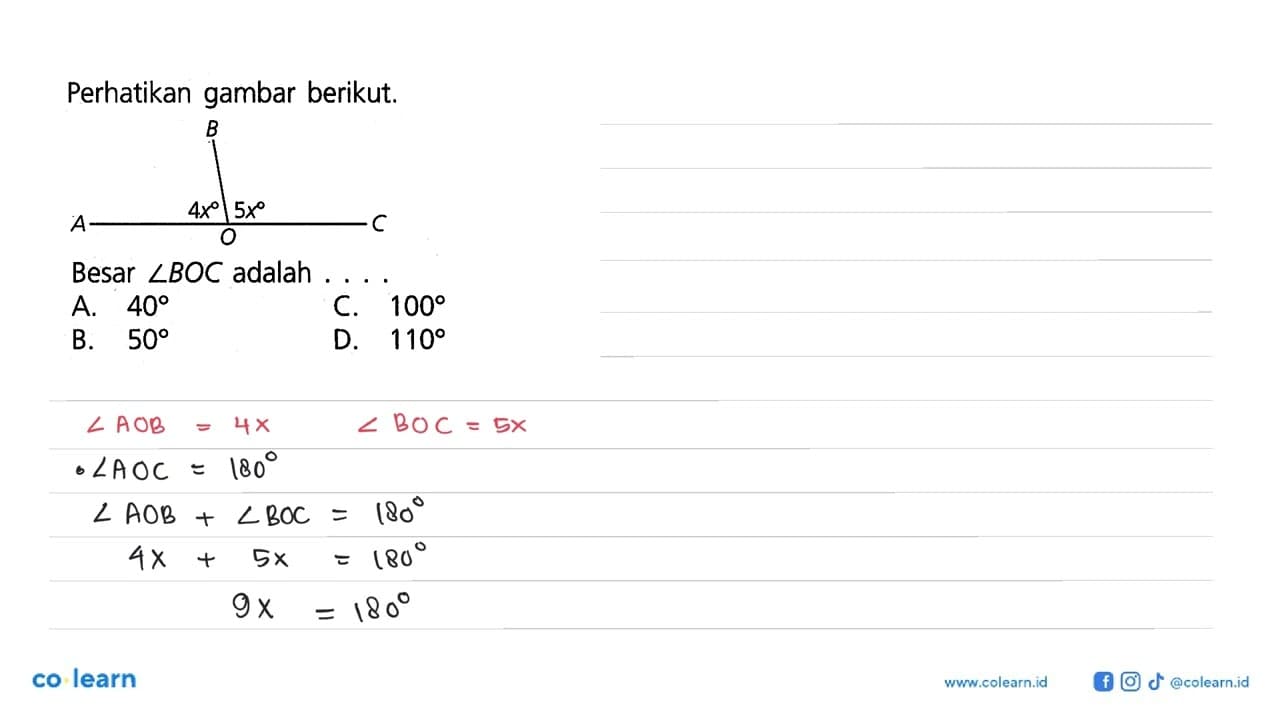 Perhatikan gambar berikut.Besar sudut BOC adalah ...