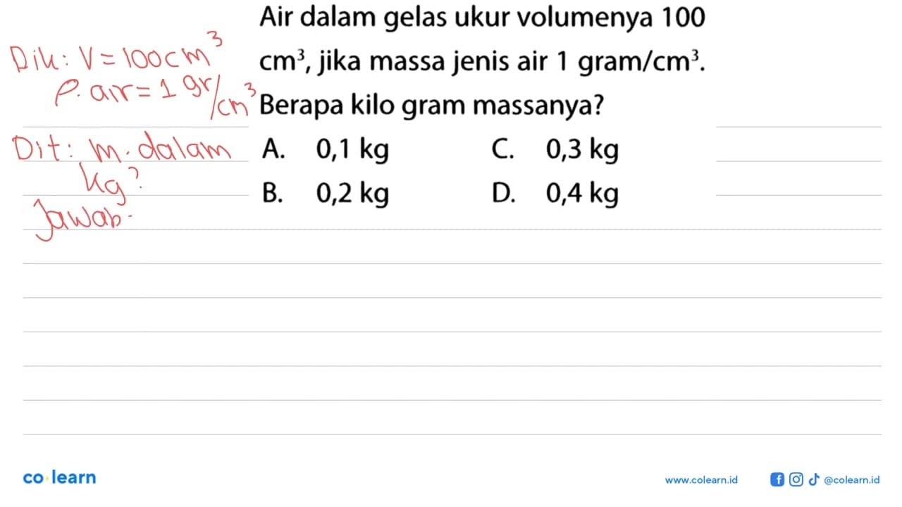 Air dalam gelas ukur volumenya 100 cm^3, jika massa jenis