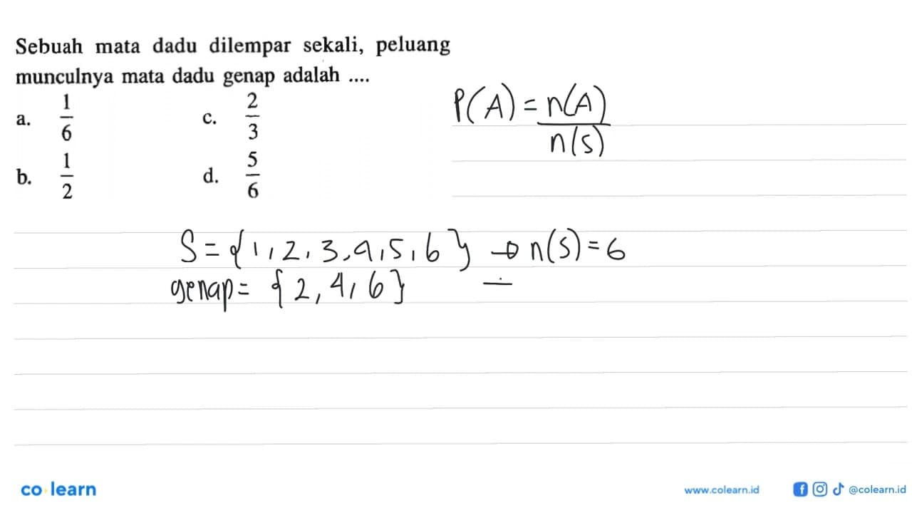 Sebuah mata dadu dilempar sekali, peluang munculnya mata