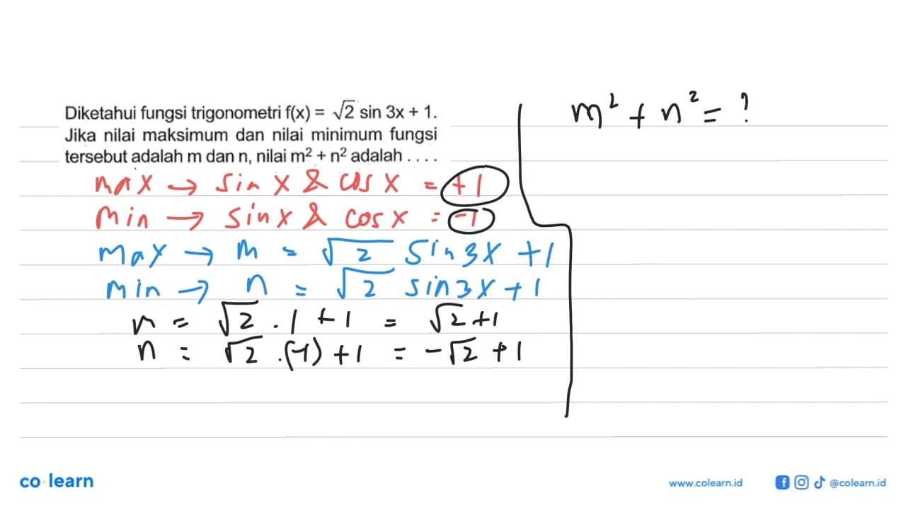 Diketahui fungsi trigonometri f(x)=akar(2) sin 3x+1 Jika