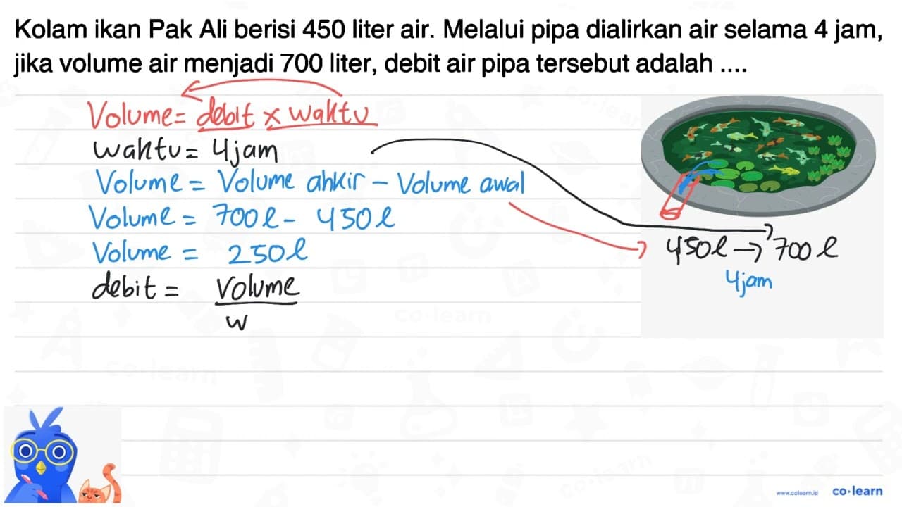 Kolam ikan Pak Ali berisi 450 liter air. Melalui pipa