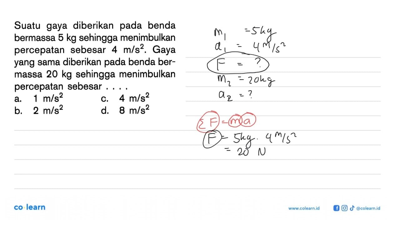 Suatu gaya diberikan pada benda bermassa 5 kg sehingga