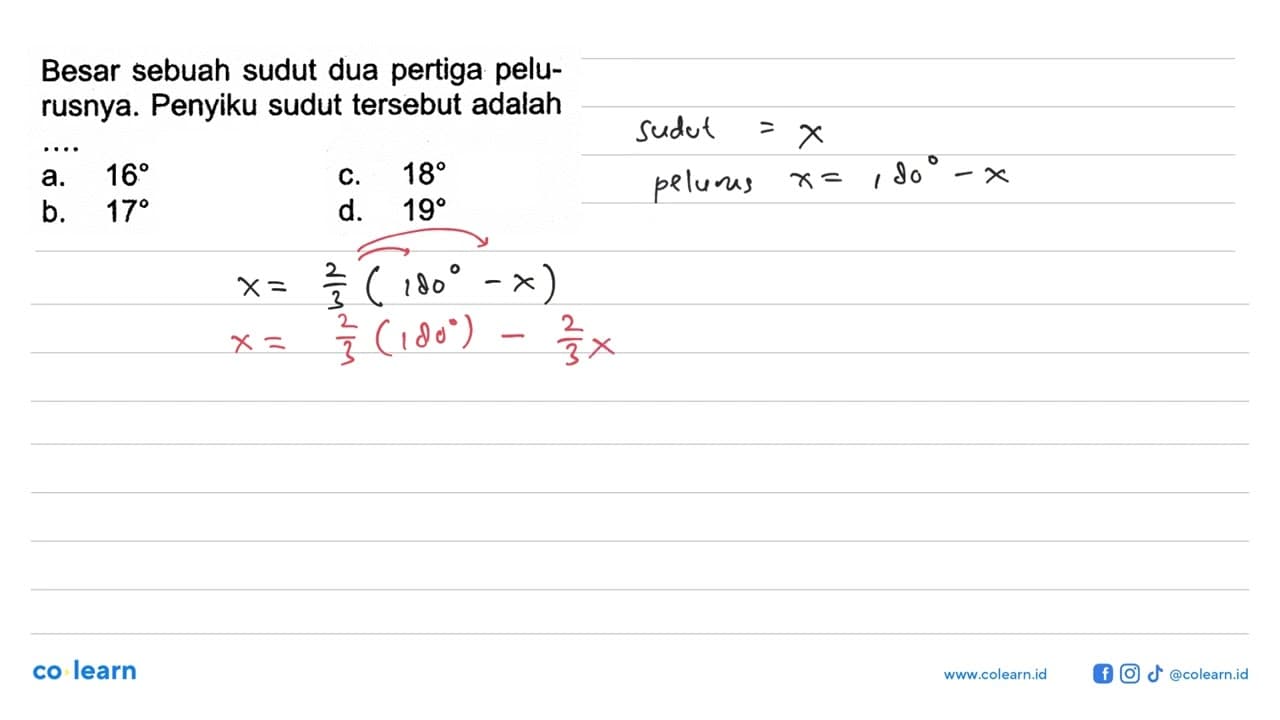 Besar sebuah sudut dua pertiga pelurusnya. Penyiku sudut