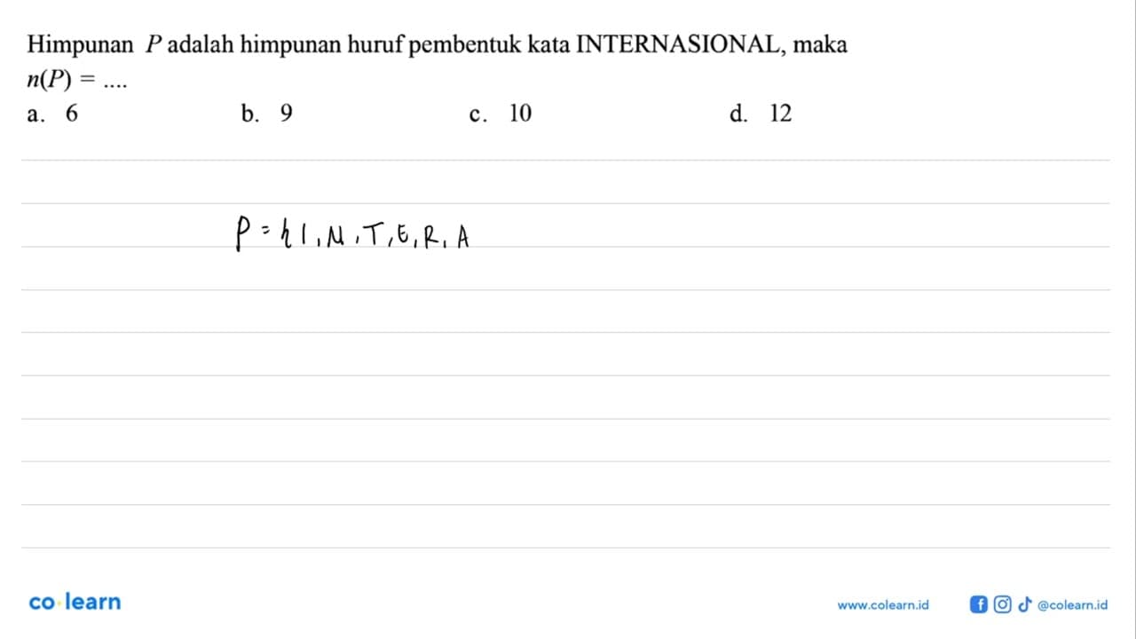 Himpunan P adalah himpunan huruf pembentuk kata