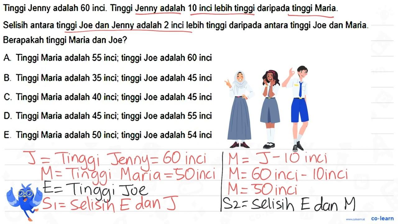 Tinggi Jenny adalah 60 inci. Tinggi Jenny adalah 10 inci