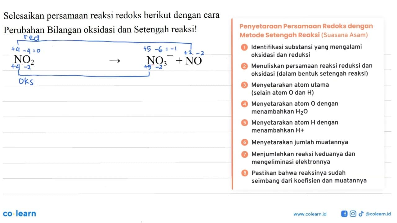 NO2 - > NO3^- + NO