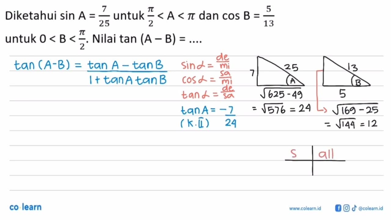 Diketahui sin A=7/25 untuk pi/2<A<pi dan cos B=5/13 untuk