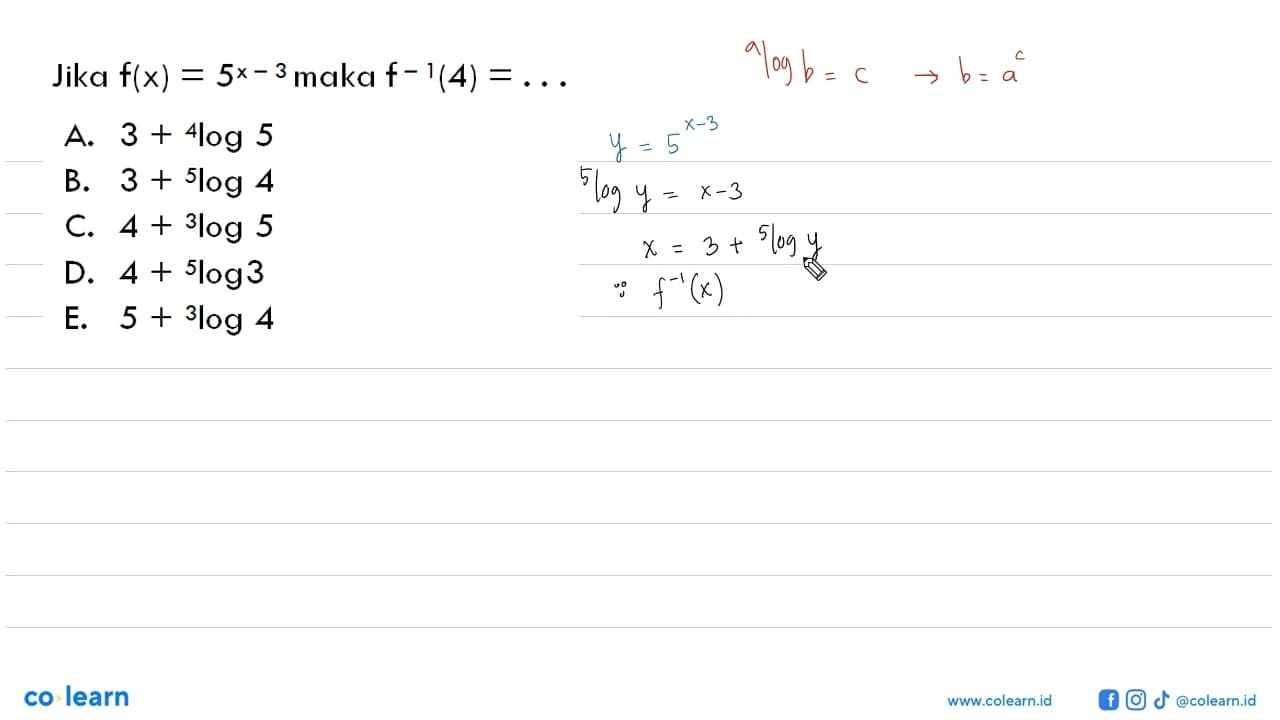 Jika f(x)=5^(x-3) maka f^-1(4)=...