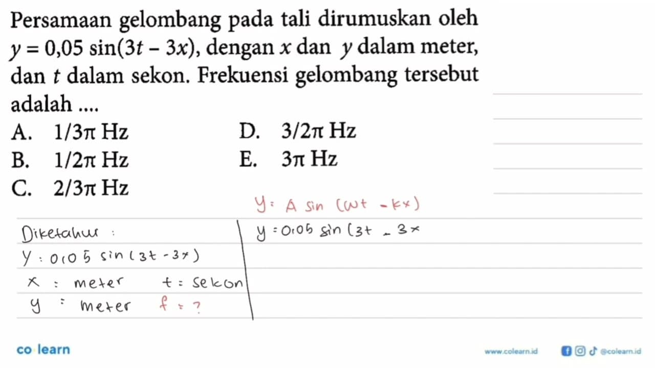 Persamaan gelombang pada tali dirumuskan oleh y=0,05sin