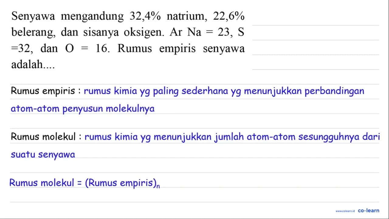 Senyawa mengandung 32,4 % natrium, 22,6 % belerang, dan