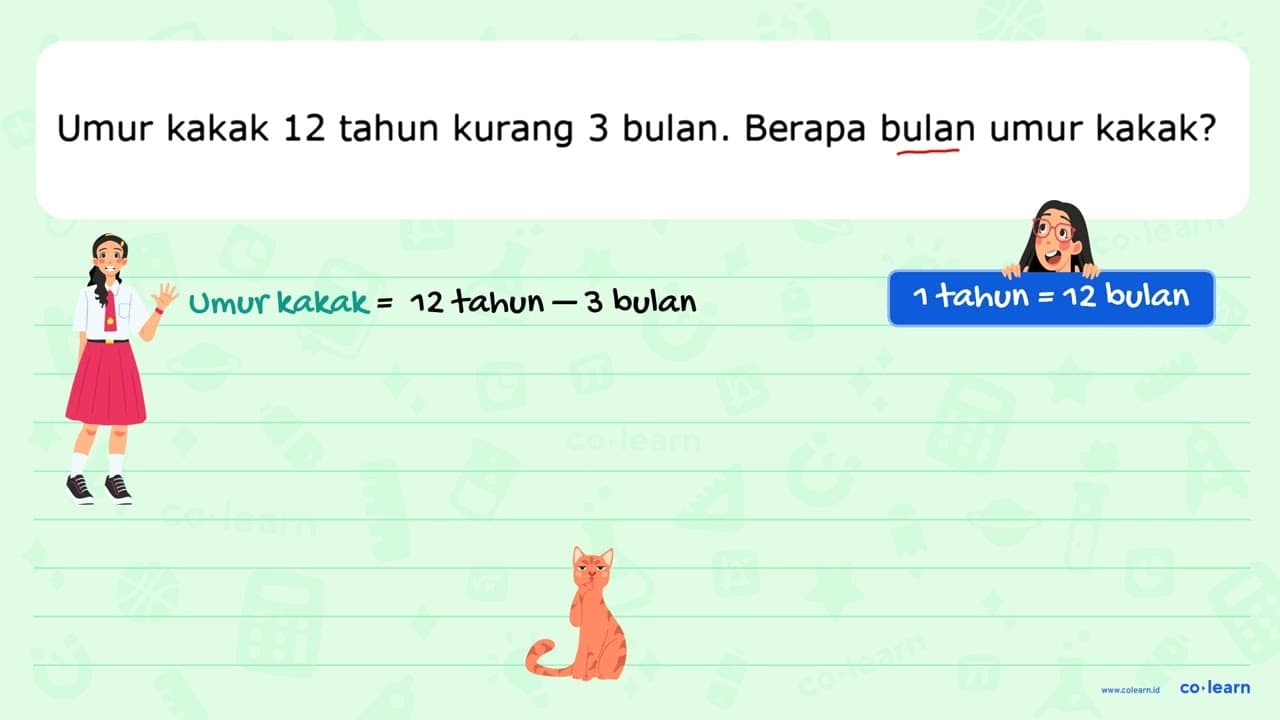 Umur kakak 12 tahun kurang 3 bulan. Berapa bulan umur