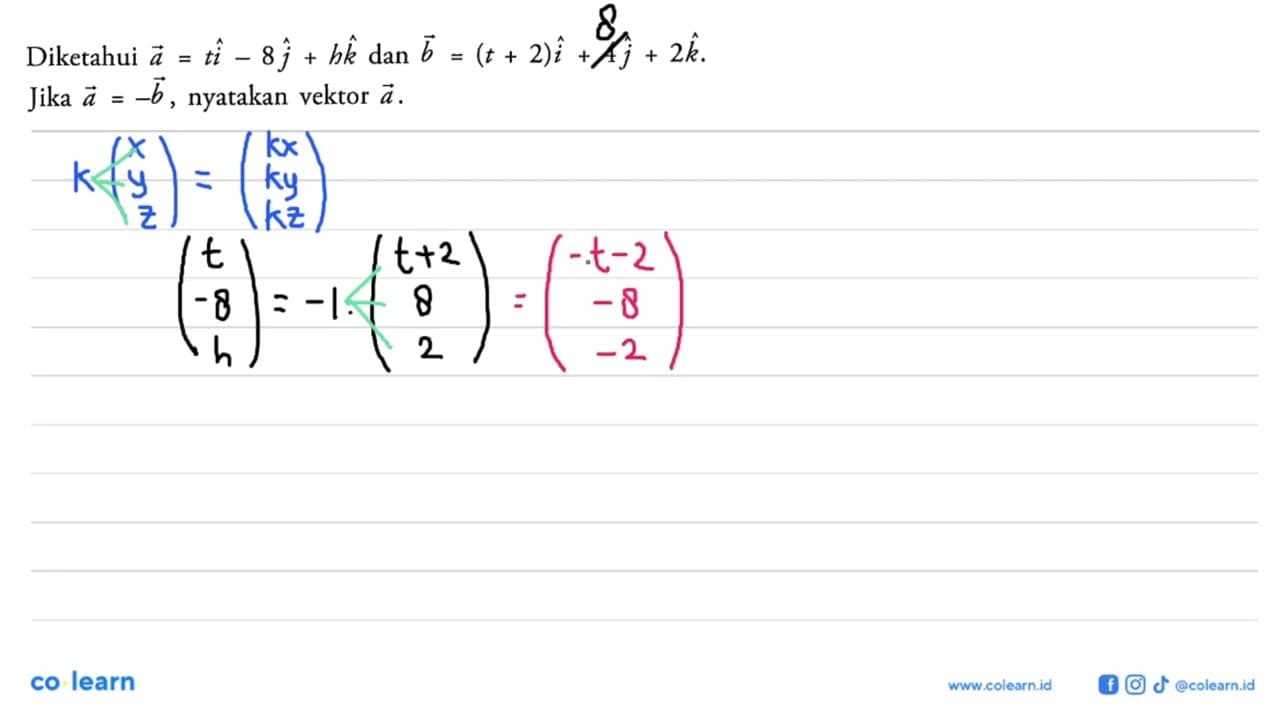 Diketahui vektor a=ti-8j+hk dan b=(t+2)i+4j+2k. Jika vektor