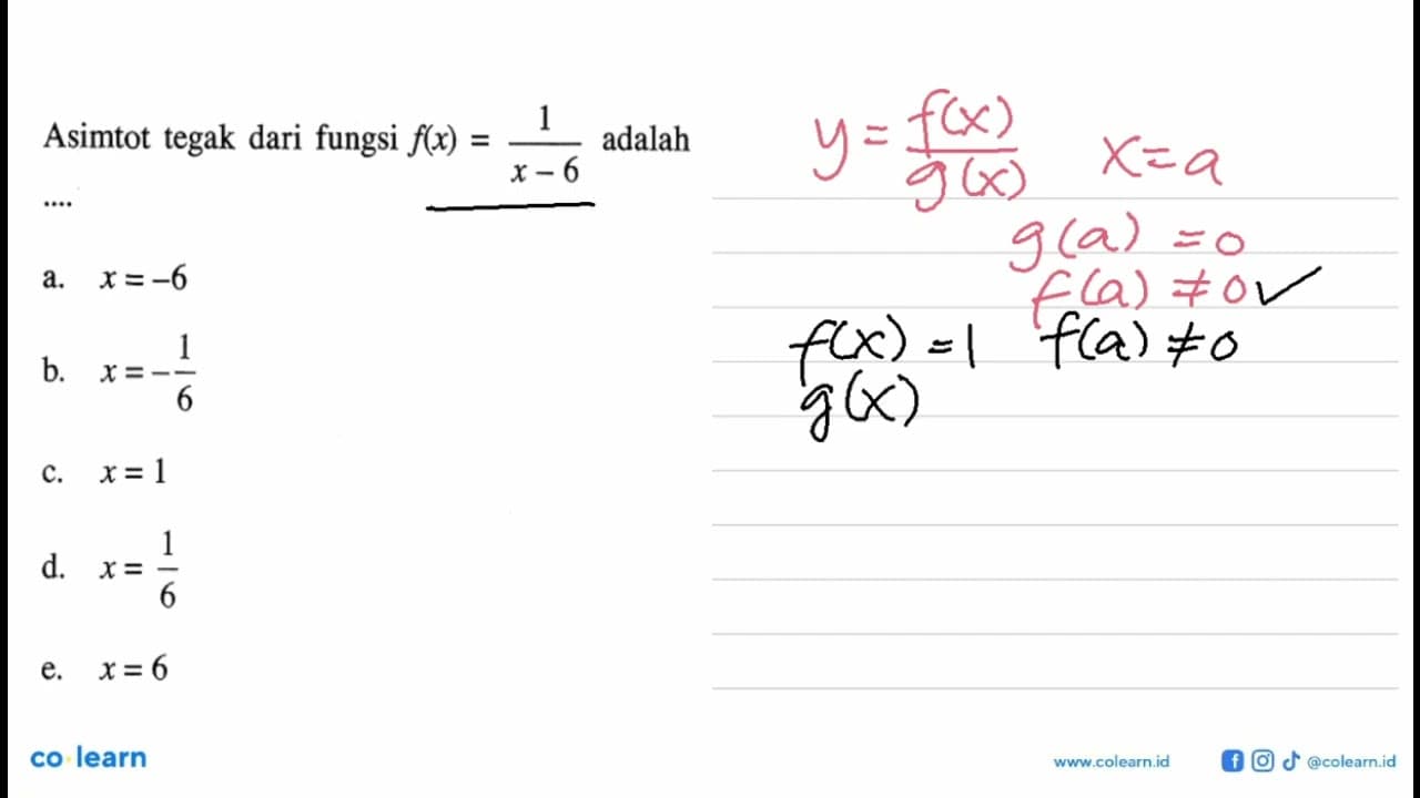 Asimtot tegak dari fungsi f(x)=1/x-6 adalah