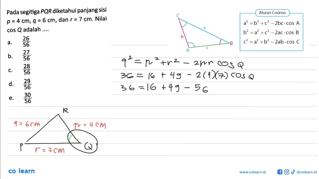 Pada segitiga PQR diketahui panjang sisi p=4 cm, q=6 cm,