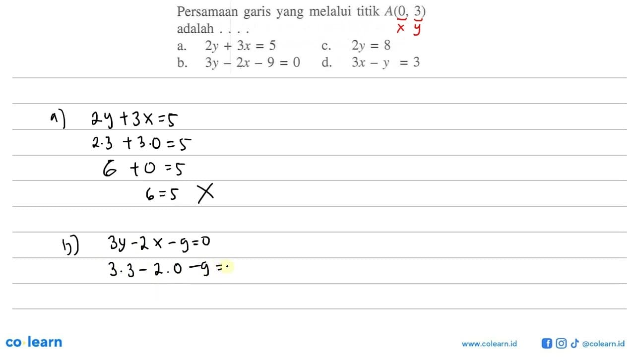 Persamaan yang melalui titik A(0, 3) garis adalah ....