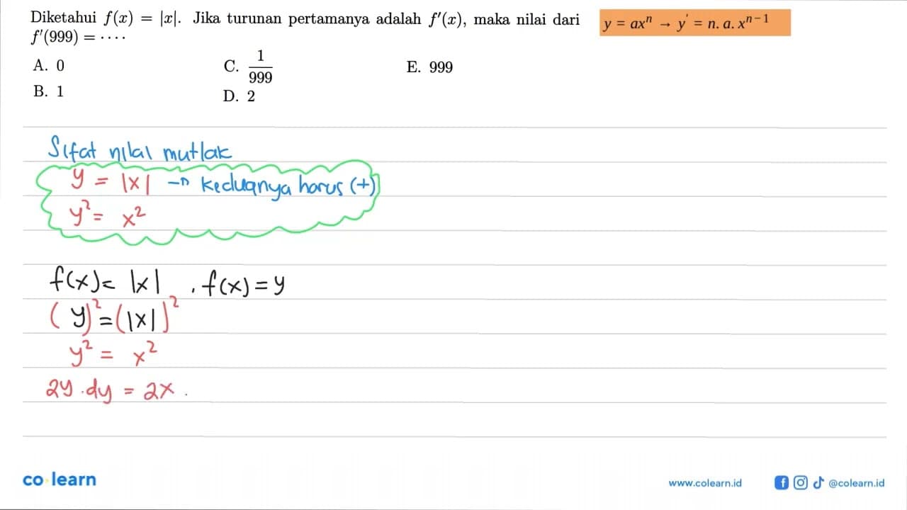 Diketahui f(x)=|x|. Jika turunan pertamanya adalah f'(x),