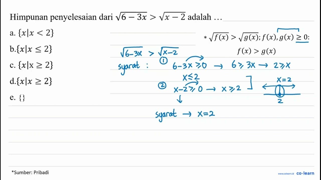 Himpunan penyelesaian dari akar(6-3 x)>akar(x-2) adalah ...