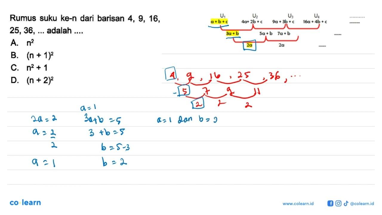 Rumus suku ke-n dari barisan 4,9,16 , 25,36, ... adalah