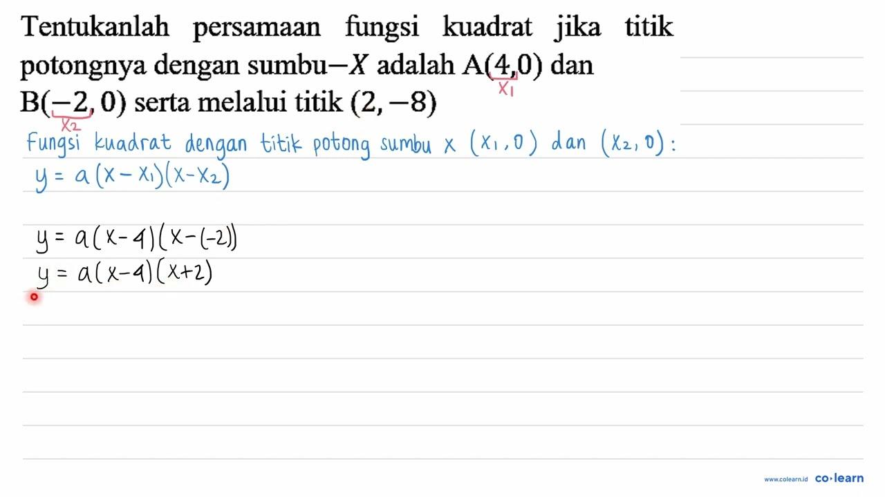 Tentukanlah persamaan fungsi kuadrat jika titik potongnya