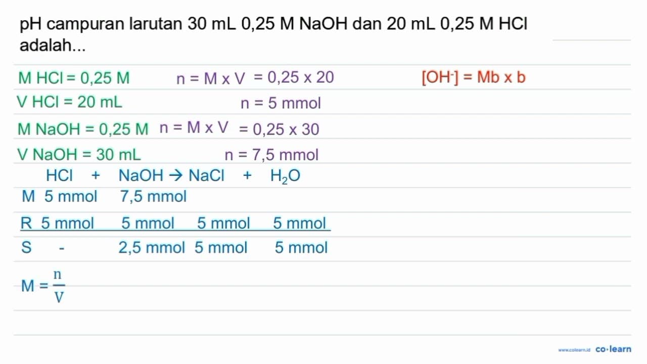 pH campuran larutan 30 ~mL 0,25 M NaOH dan 20 ~mL