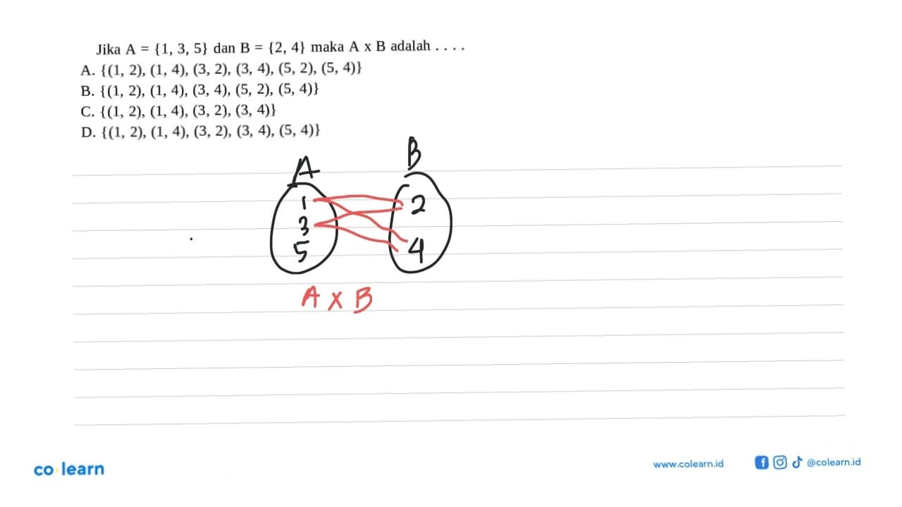 Jika A {1, 3, 5} dan B {2, 4} maka A x B adalah ... A. {(1,