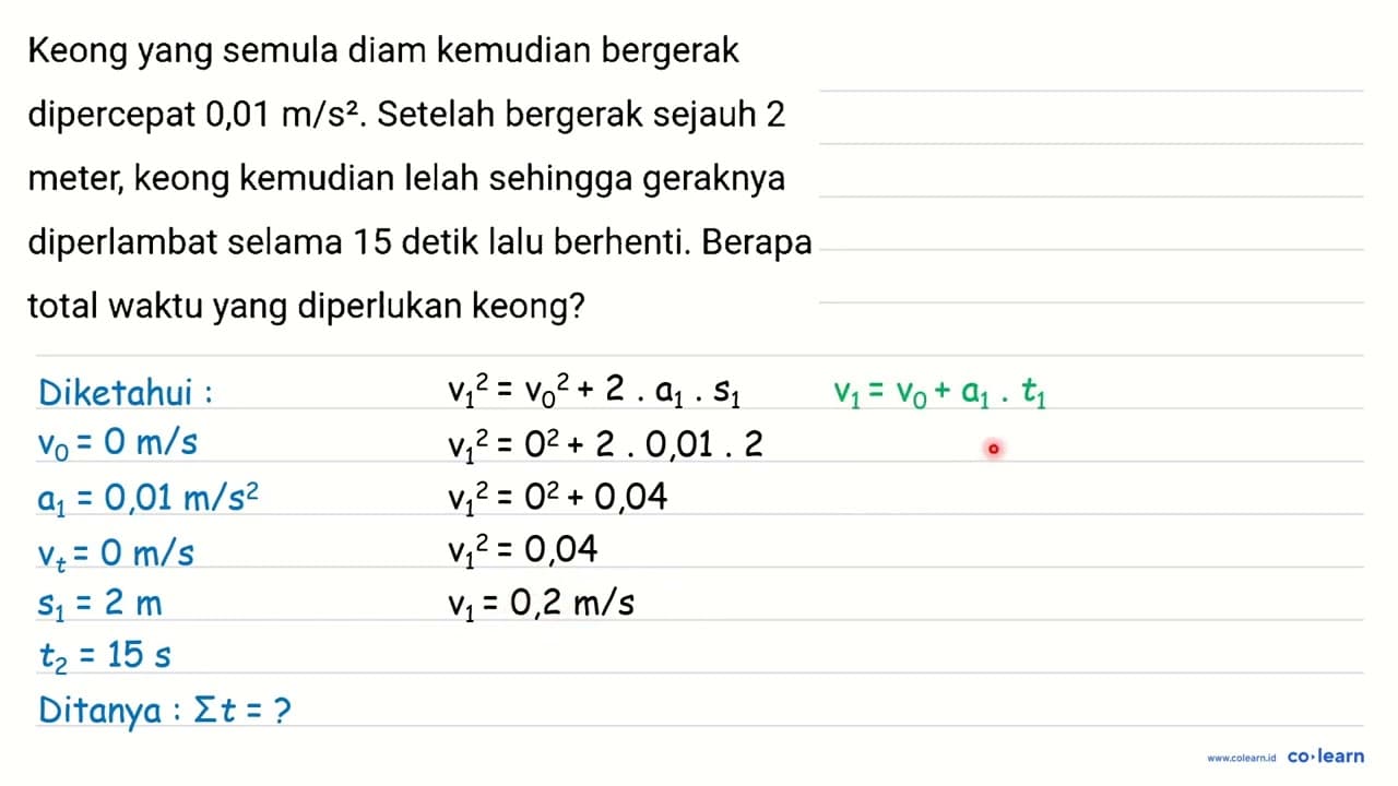 Keong yang semula diam kemudian bergerak dipercepat 0,01 m