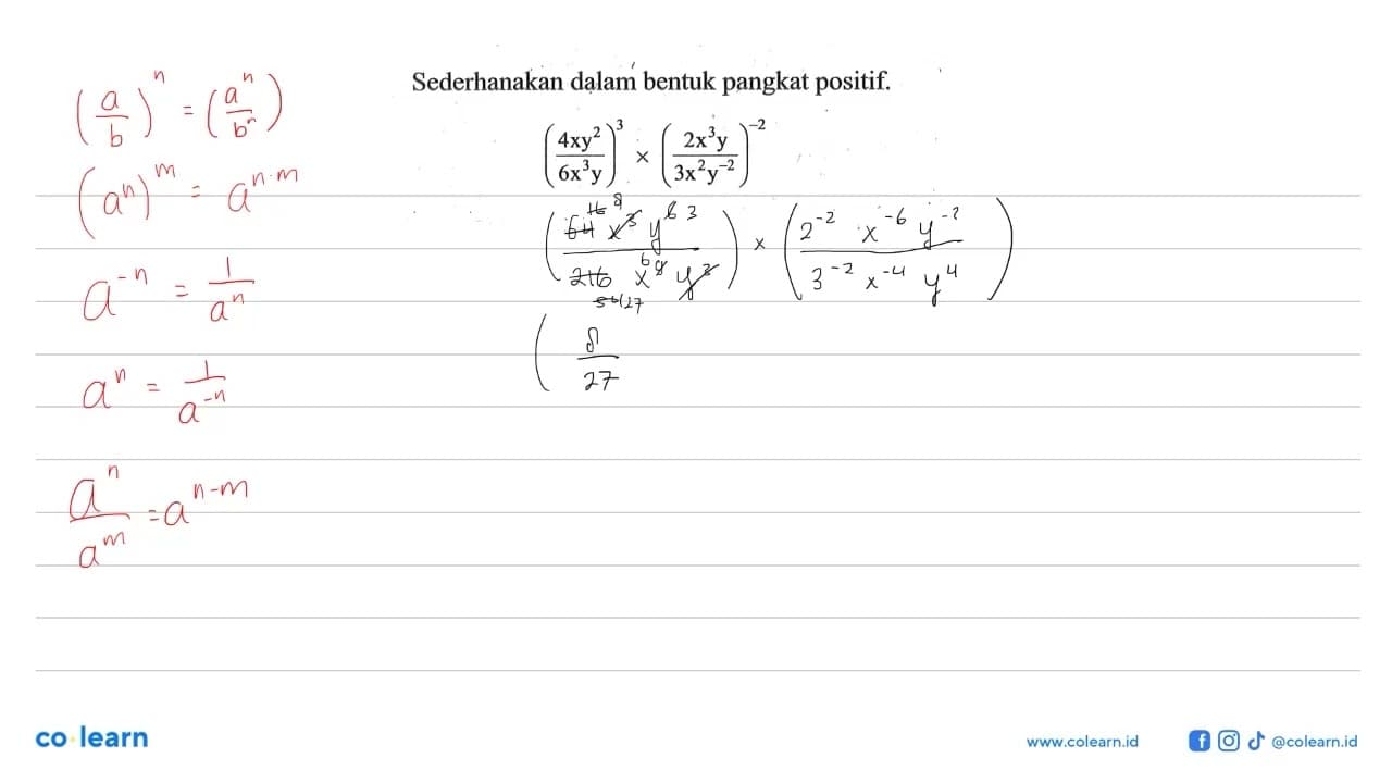 Sederhanakan dalam bentuk pangkat positif. ((4xy^2)/(6x^3