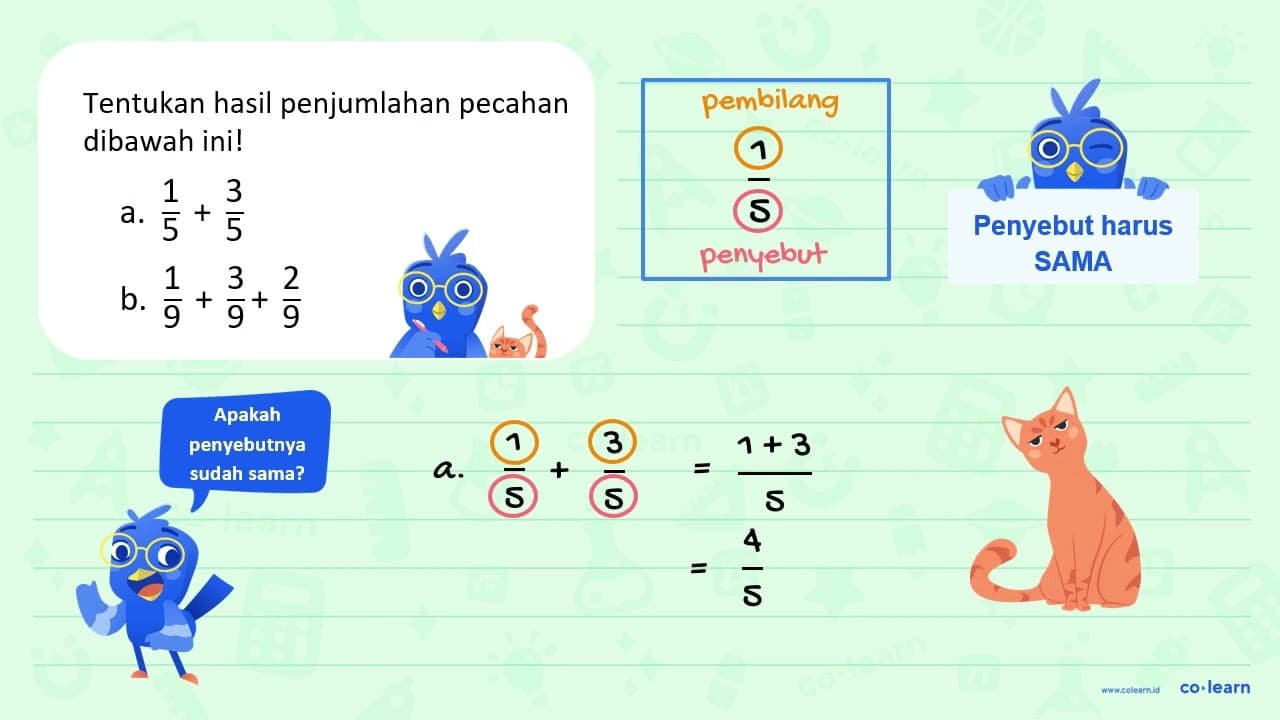 Tentukan hasil penjumlahan pecahan di bawah ini! a. 1/5 +