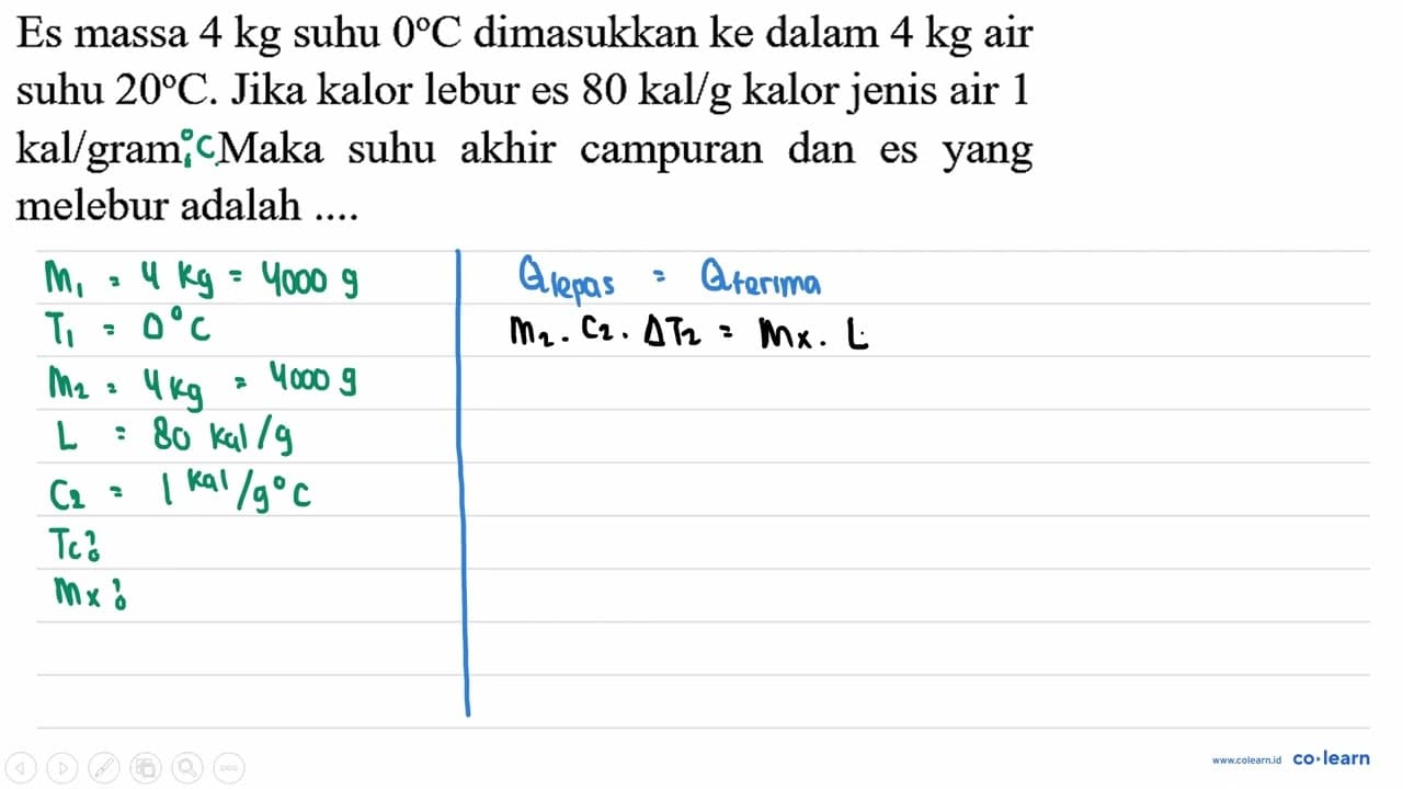 Es massa 4 kg suhu 0 C dimasukkan ke dalam 4 kg air suhu 20