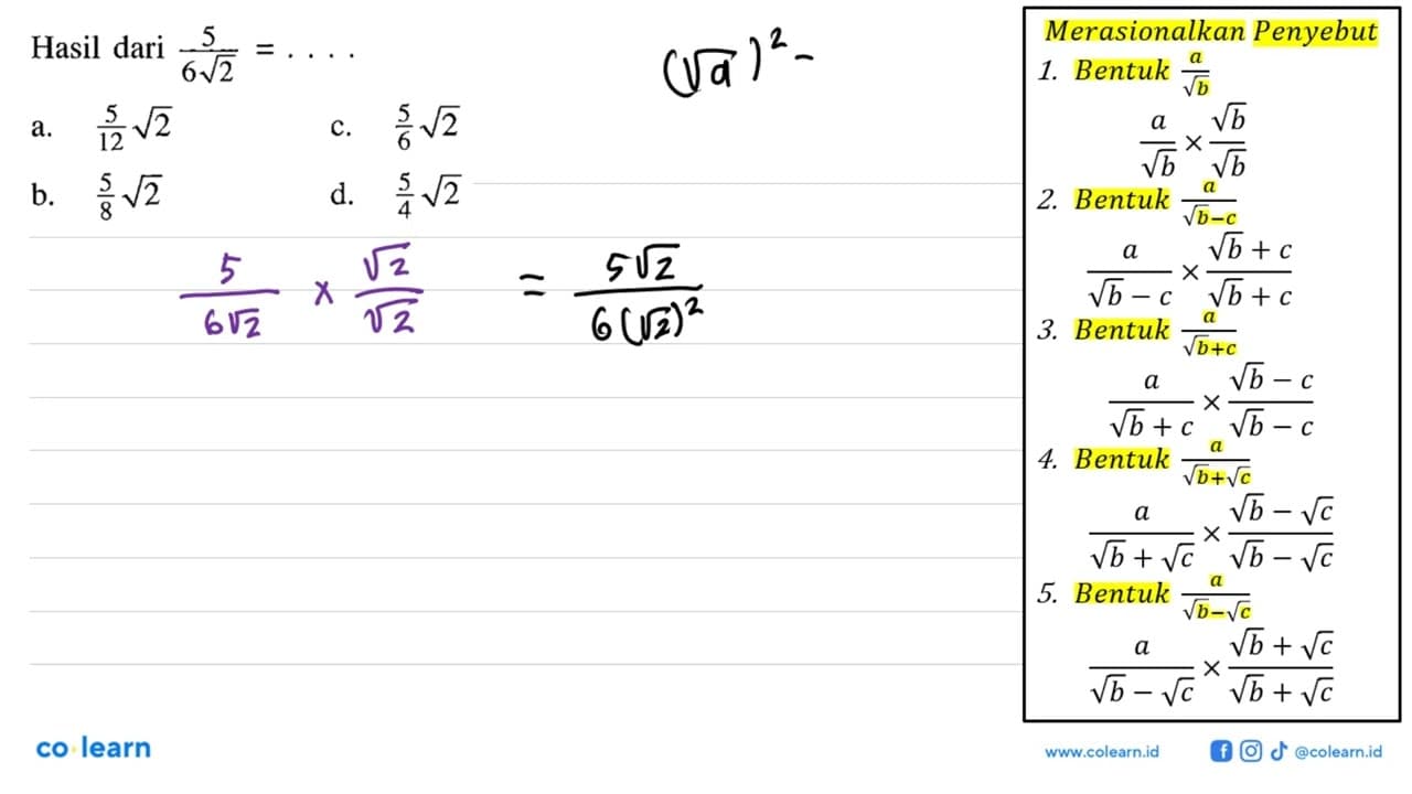 Hasil dari 5/6 akar(2) = . . . .