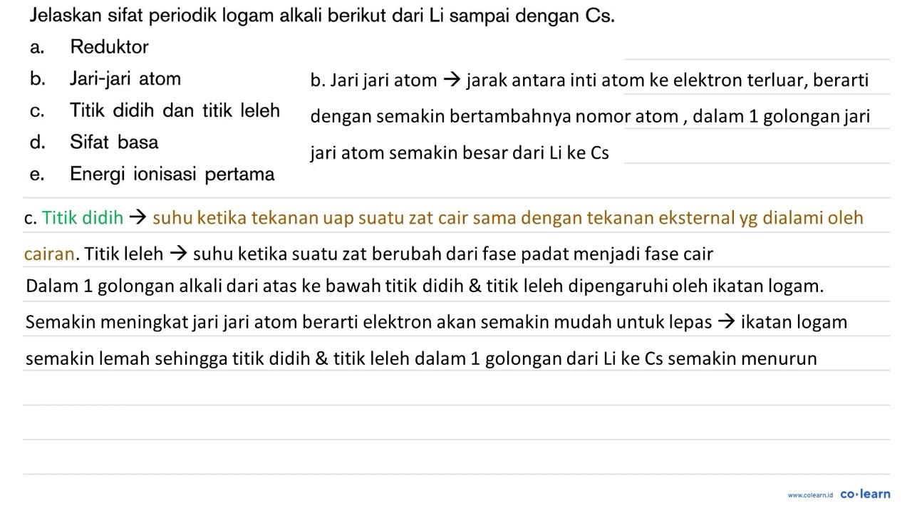 Jelaskan sifat periodik logam alkali berikut dari Li sampai