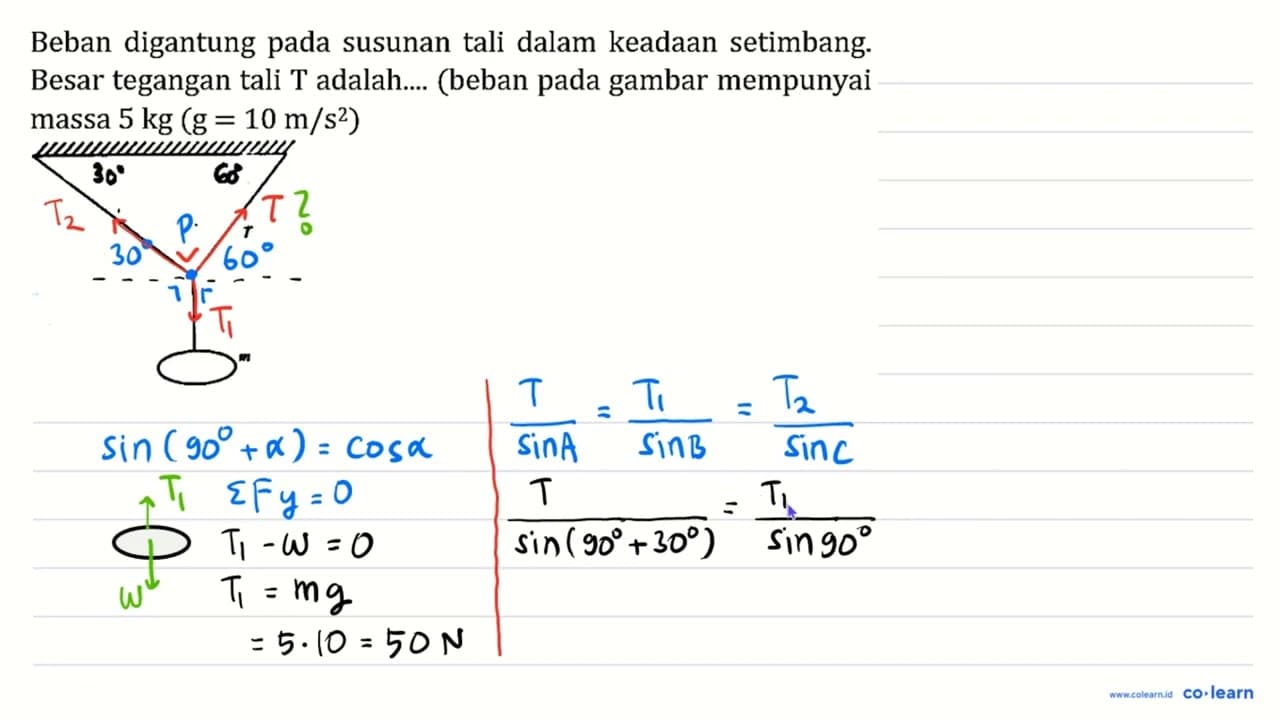 Beban digantung pada susunan tali dalam keadaan setimbang.