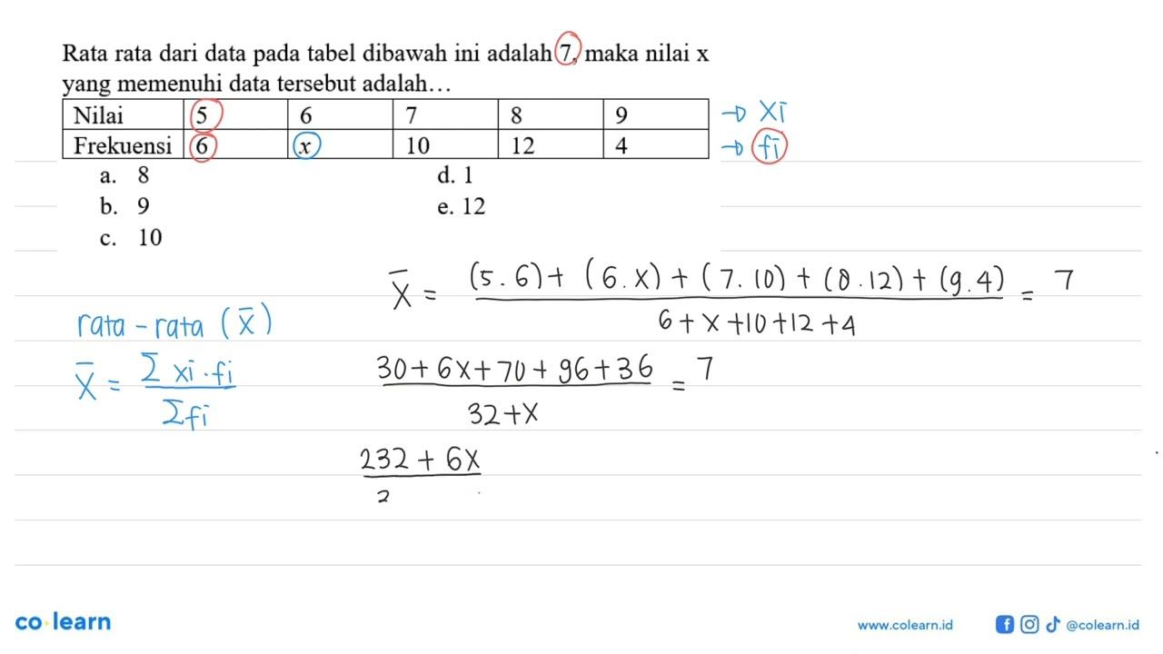 Rata rata dari data pada tabel dibawah ini adalah 7, maka