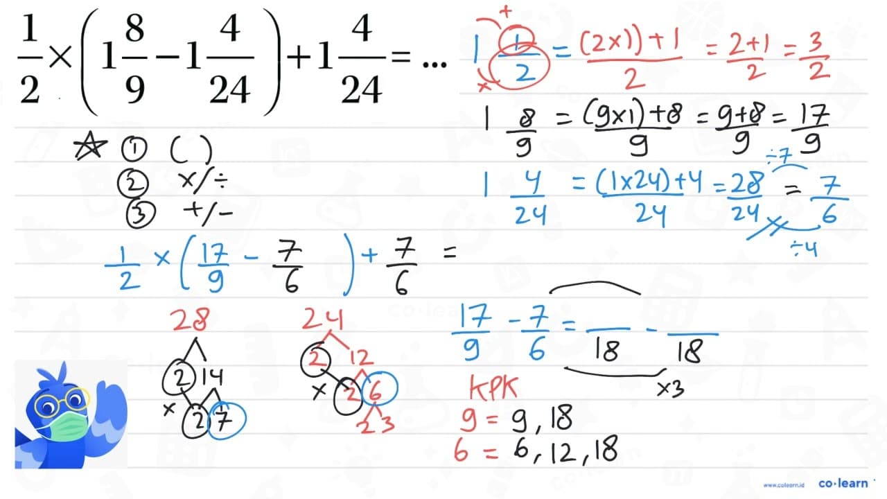 1/2 x (1 8/9 - 1 4/24) + 1 4/24 = ...