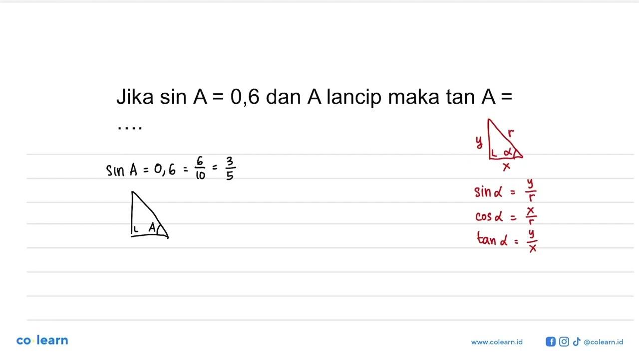 Jika sin A=0,6 dan A lancip maka tan A=...