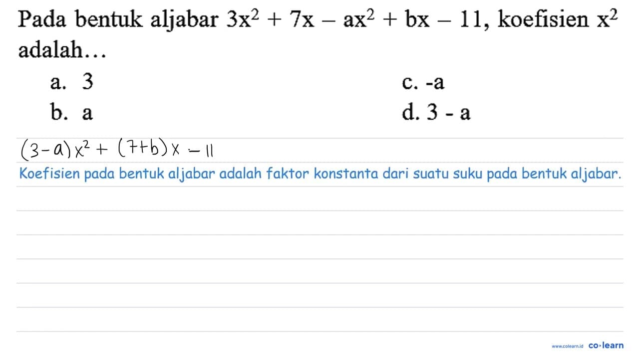 Pada bentuk aljabar 3 x^(2)+7 x-a x^(2)+b x-11 , koefisien