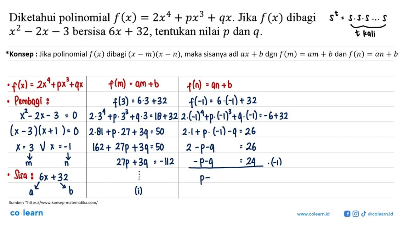 Diketahui polinomial f(x) = 2x^4 + px^3 + qx. Jika f(x)