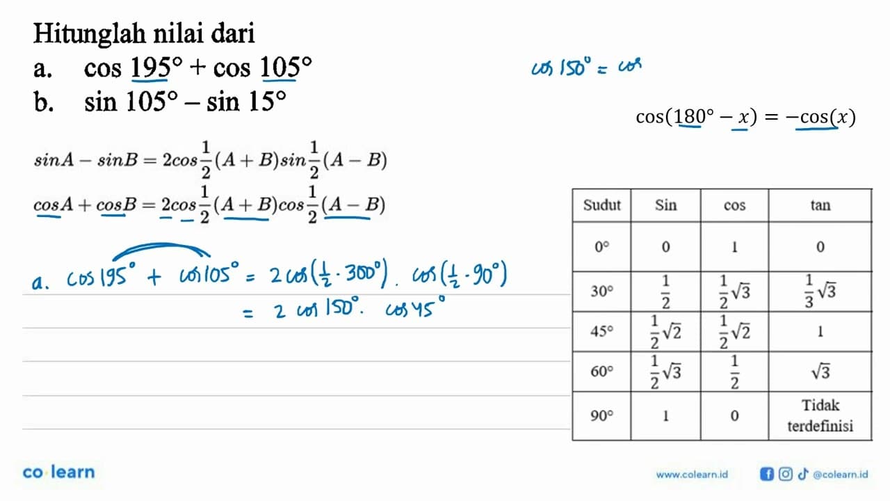 Hitunglah nilai dari a. cos 195+cos 105 b. sin 105-sin 15