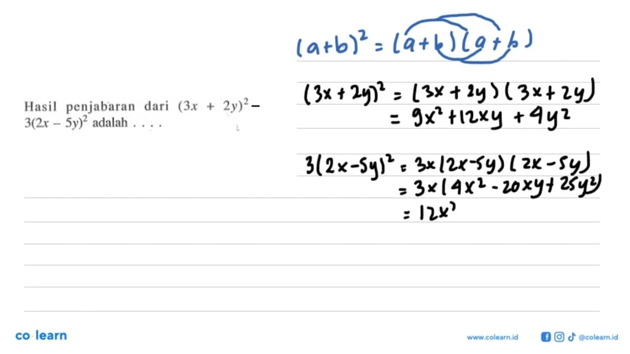 Hasil penjabaran dari (3x+2y)^2-3(2x-5y)^2 adalah . . . .