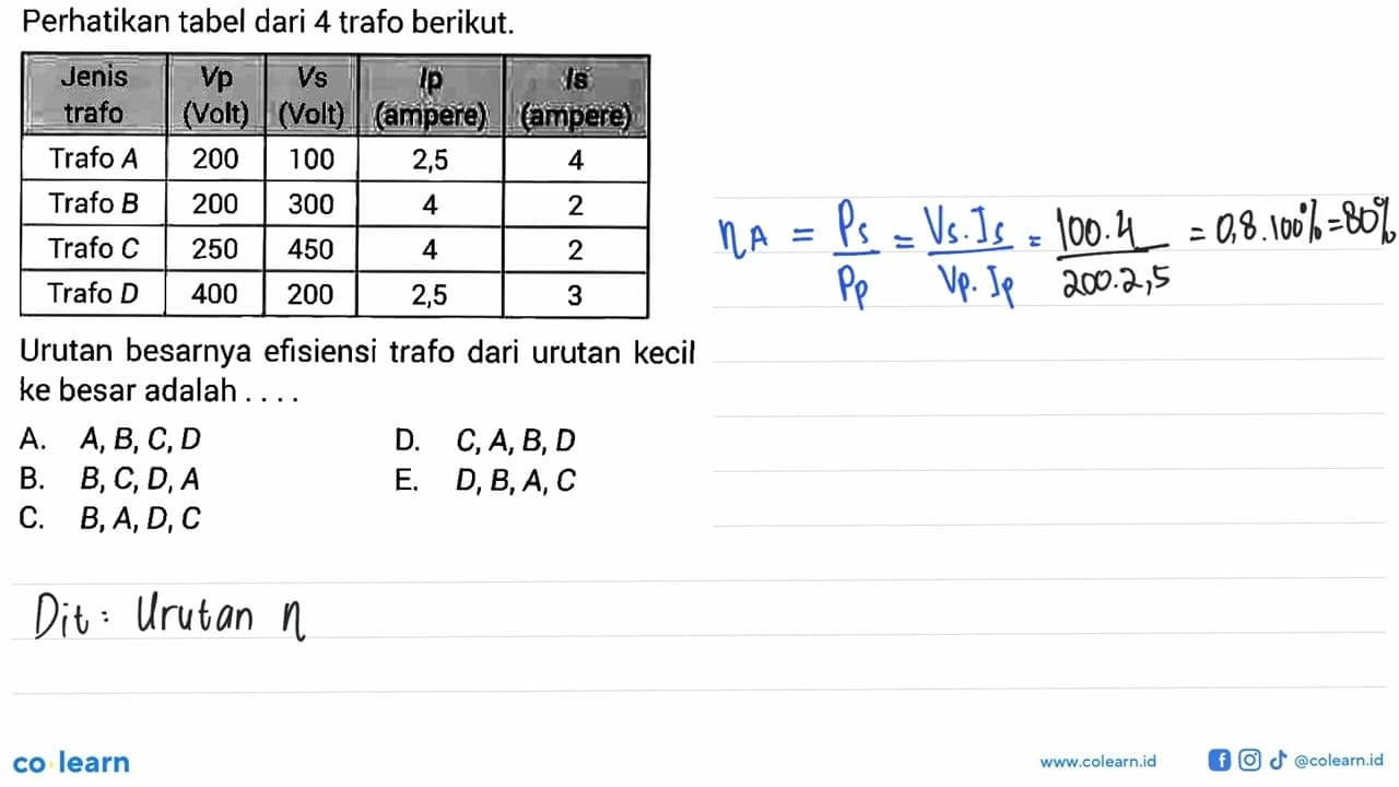 Perhatikan tabel dari 4 trafo berikut. Jenis trafo Vp