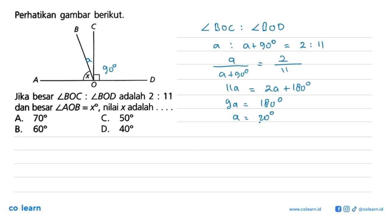 Perhatikan gambar berikut.Jika besar sudut BOC : sudut BOD