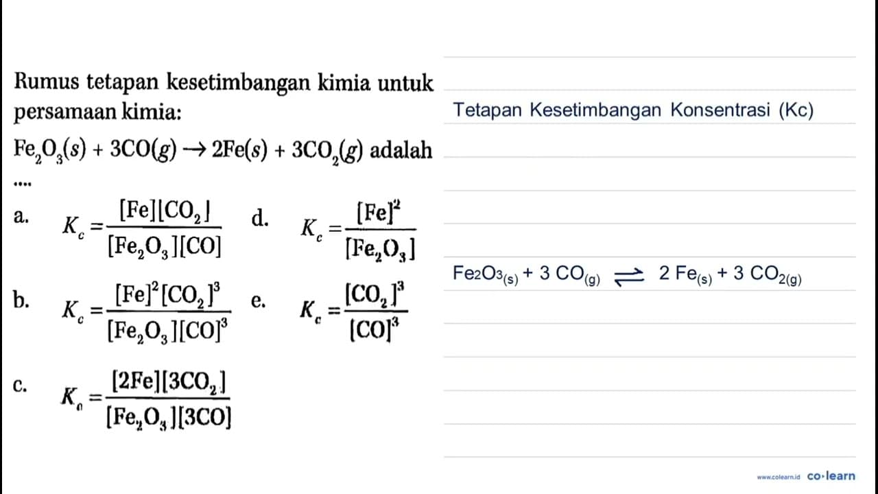 Rumus tetapan kesetimbangan kimia untuk persamaan