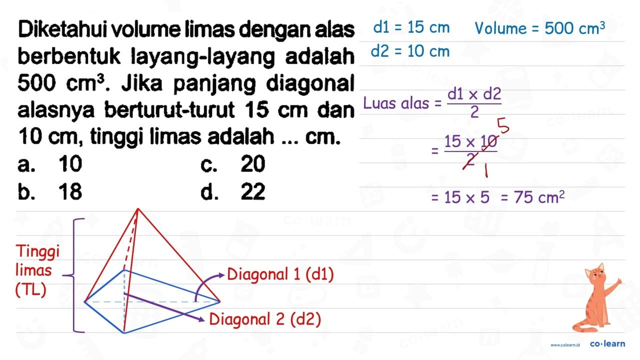 Diketahui volume limas dengan alas berbentuk layang-layang