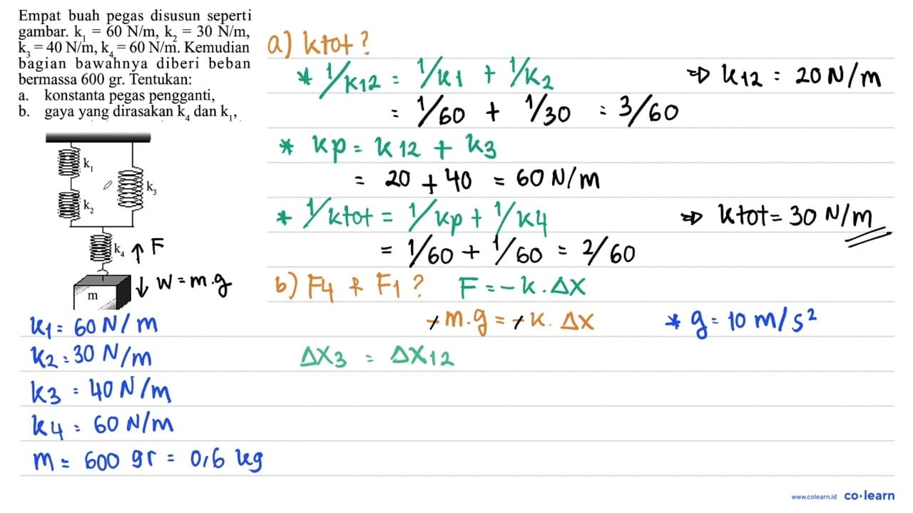 Empat buah pegas disusun seperti gambar. k1 = 60 N/m, k2 =