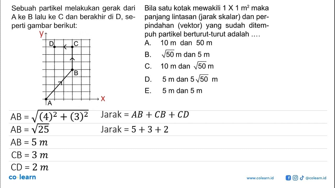 Sebuah partikel melakukan gerak dari A ke B lalu ke C dan