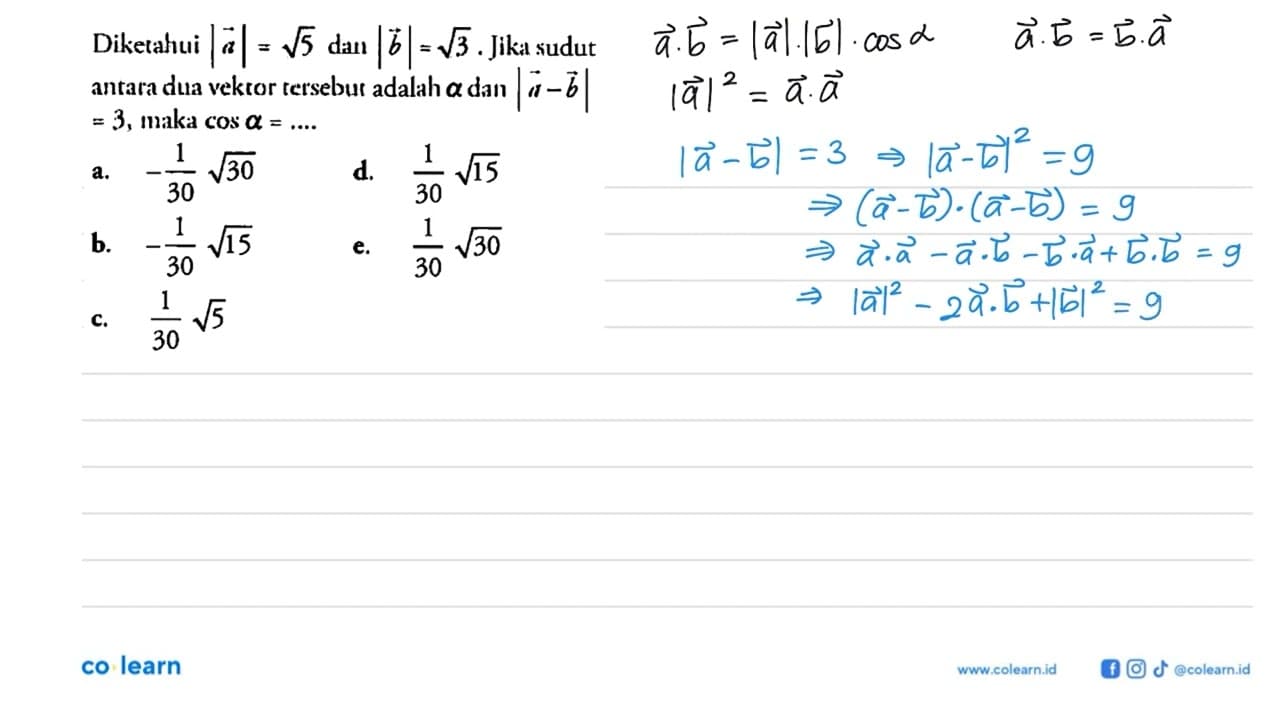 Diketahui |a|=akar(5) dan |b|=akar(3). Jika sudut antara