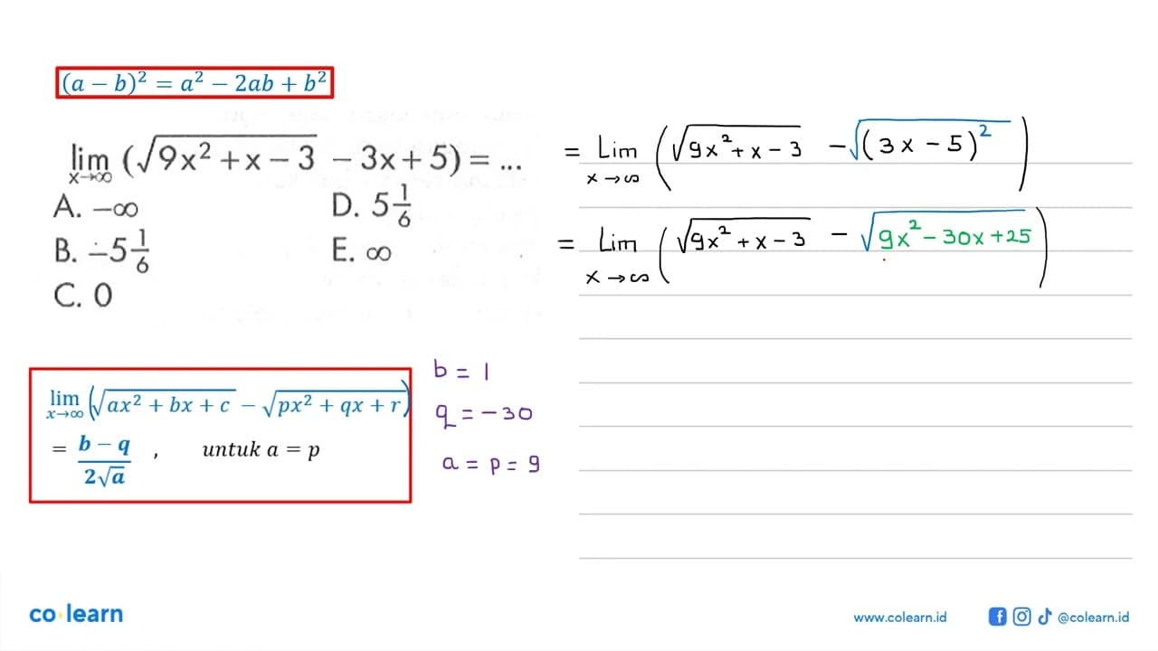 lim x->tak hingga (akar(9x^2+x-3)-3x+5)=